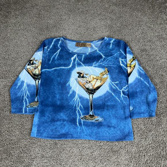 Dont Mess With Texas Shirt Womens Large Blue Cowgirl Martini Graphic Rhinestone - Picture 1 of 10